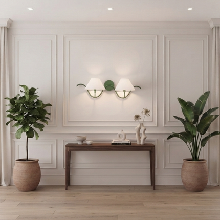 Green Double Wall Sconce, Modern 2 Light Wall Lamp with White Shades, Decorative Bedroom Hallway Living Room Indoor Lighting for Home Décor