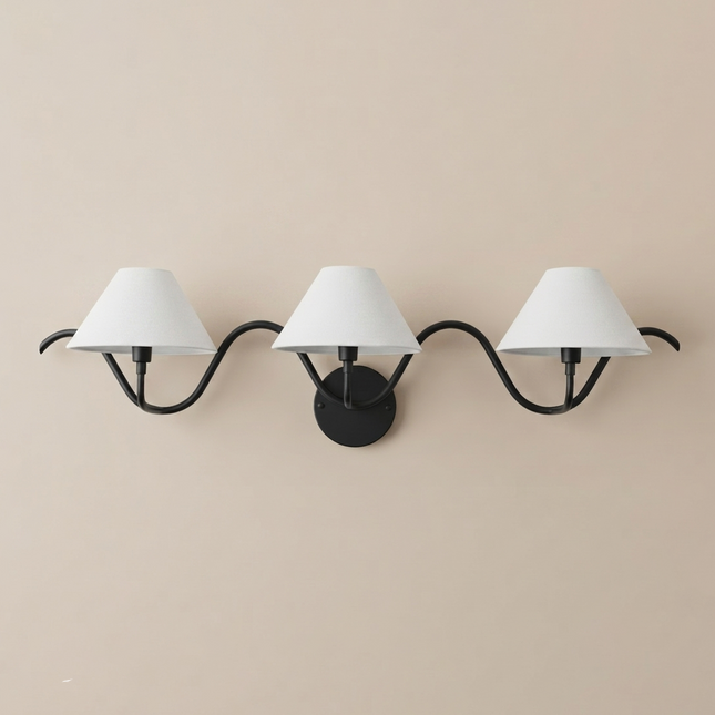 Matte Black 3 Light Wall Sconce, Triple Wall Lamp,Metal Wall Light with White Fabric Shades, Modern Bathroom , Bedroom Lighting,Dining Room