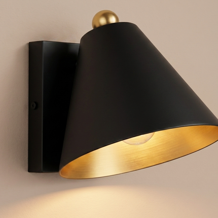 Wall Sconce Matte Black, Gold Interior Cone Shade Modern Minimalist Wall Light, Bedroom Reading Lamp, Hallway Sconce, Luxury Accent Lighting