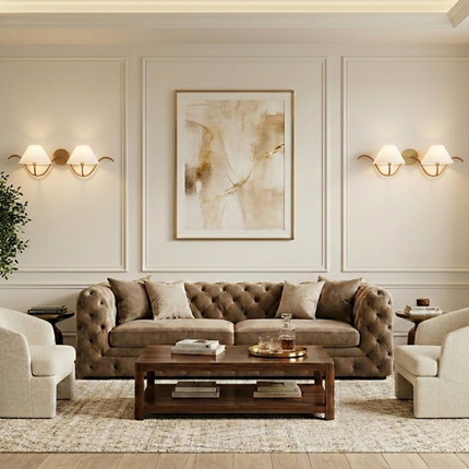 Antique Brass Wall Sconce 2 Light Brass Wall Lamp with White Fabric Shades, Modern Vintage Wall Light,Bedroom Sconce Elegant Statement Light