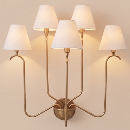 Antique Brass 5 Light Wall Sconce, Vintage Inspired Multi Arm Wall Lamp with White Shades, Classic Indoor Lighting Fixture for Home Wall Art