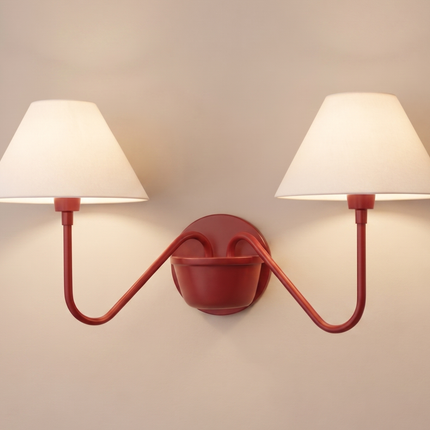 Red 2 Light Wall Sconce, Double Arm Wall Lamp with White Fabric Shades, Modern Red Wall Light, Sculptural Bedroom Lighting, Statement Decor