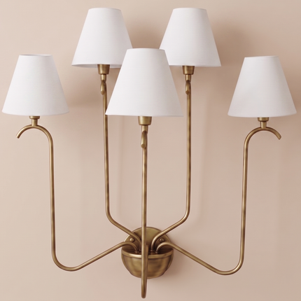 Antique Brass 5 Light Wall Sconce, Vintage Inspired Multi Arm Wall Lamp with White Shades, Classic Indoor Lighting Fixture for Home Wall Art