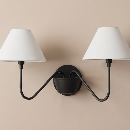 Matte Black Double Wall Sconce, Modern 2 Light Bedroom Wall Lamp with White Shades, Contemporary Bedside Lighting for Stylish Home Décor Art