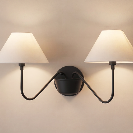 Matte Black Double Wall Sconce, Modern 2 Light Bedroom Wall Lamp with White Shades, Contemporary Bedside Lighting for Stylish Home Décor Art