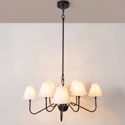 Matte Black Light Chandelier with White Linen Shades | Modern Ceiling Hanging Light Fixture for Dining Room & Kitchen Island
