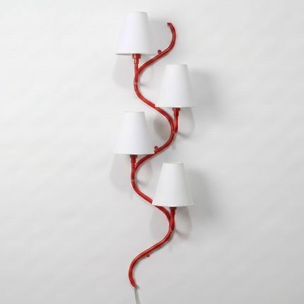 Modern Red Vertical 4-Light Wall Sconce, Curved Contemporary Wall Lamp with White Shades, Luxury Staircase Hallway Lighting Fixture