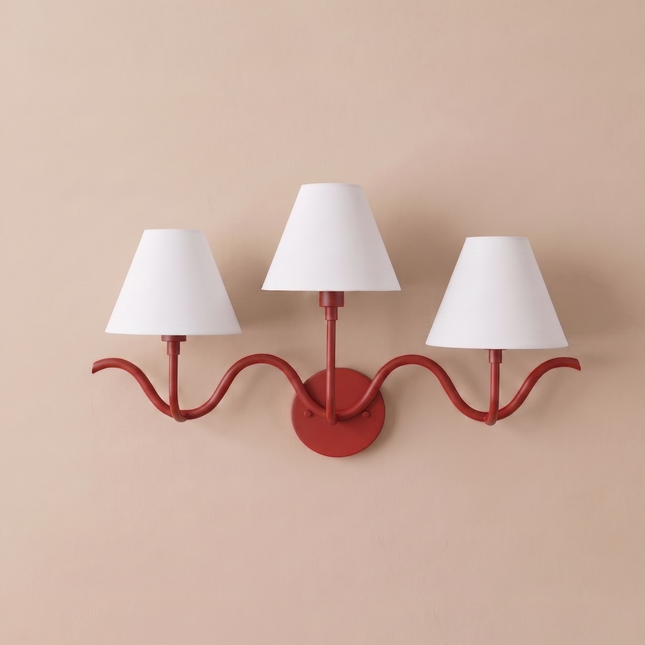 3 Light Red Wall Sconce, Sculptural Wall Lamp, White Fabric Shades, Modern Wall Light, Artistic Sconce, Statement Lighting badroom light