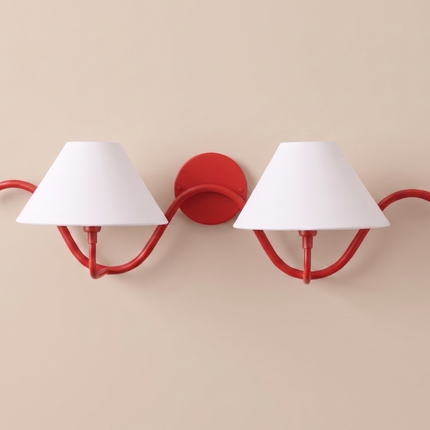 Red Wall Sconce, 2 Light Wall Lamp, Modern Red Lighting Fixture, White Fabric Shade, Curved Wall Light, Artistic Bedroom Hallway Home Décor