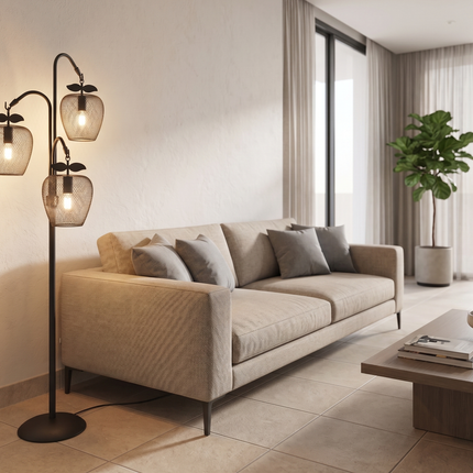 Floor Lamp in Matte Black with 3 Lights, Decorative Metal Fruit Shade Standing Lamp for Living Room, Bedroom, Entryway & Office Decoration