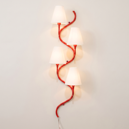 Modern Red Vertical 4-Light Wall Sconce, Curved Contemporary Wall Lamp with White Shades, Luxury Staircase Hallway Lighting Fixture