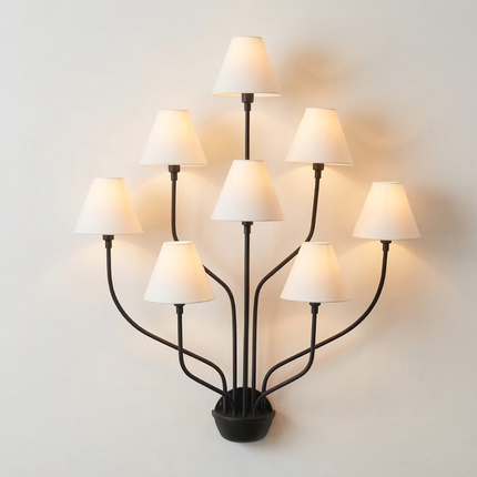 Wall Light – Matte Black 8-Light Artistic Wall Sconce with White Cone Shades | Minimal Modern Luxury Lighting Fixture for Interior Wall