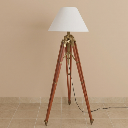 Floor Lamp Vintage Tripod, Industrial Wooden Standing Lamp with White Fabric Shade, Nautical Living Room, Entryway, Bedroom Lighting Decor