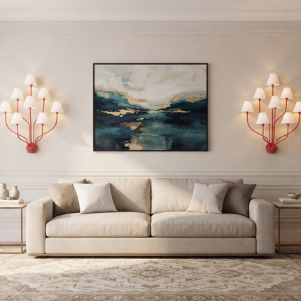 Wall Light – Bold Modern Red 8-Light Designer Wall Sconce with White Fabric Lampshades. Statement Wall Lighting Fixture for Luxury Interiors