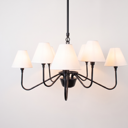 Matte Black Light Chandelier with White Linen Shades | Modern Ceiling Hanging Light Fixture for Dining Room & Kitchen Island