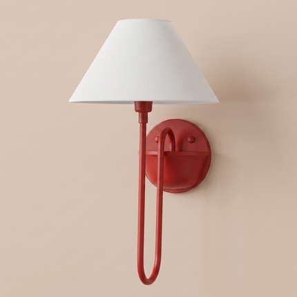 Wall Sconce in Coral Red Fabric Shade Wall Sconce, Modern Wall Light, Contemporary Bedroom Lamp, Scandinavian Wall Lighting, Minimalist Lamp