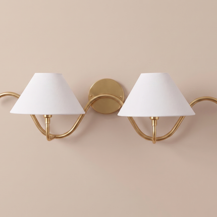 Antique Brass Wall Sconce 2 Light Brass Wall Lamp with White Fabric Shades, Modern Vintage Wall Light,Bedroom Sconce Elegant Statement Light