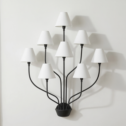 Wall Light – Matte Black 8-Light Artistic Wall Sconce with White Cone Shades | Minimal Modern Luxury Lighting Fixture for Interior Wall