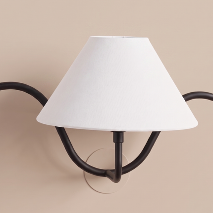 Matte Black Wall Sconce with White Linen Shade, Modern Black Wall Light, Curved Arm Sconce, Bedroom Lighting, Hallway Light, Contemporary
