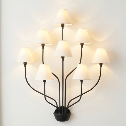 Wall Light – Matte Black 8-Light Artistic Wall Sconce with White Cone Shades | Minimal Modern Luxury Lighting Fixture for Interior Wall