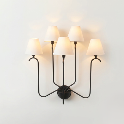 Wall Light Modern Matte Black Five Arm Fixture, Luxury Multi Shade Wall Lamp with Elegant White Fabric Shades for Living Room & Bedroom