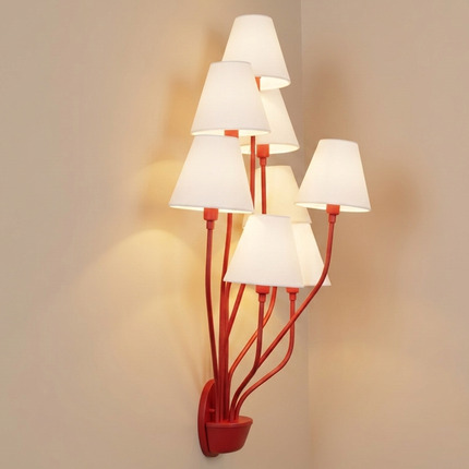 Wall Light – Bold Modern Red 8-Light Designer Wall Sconce with White Fabric Lampshades. Statement Wall Lighting Fixture for Luxury Interiors