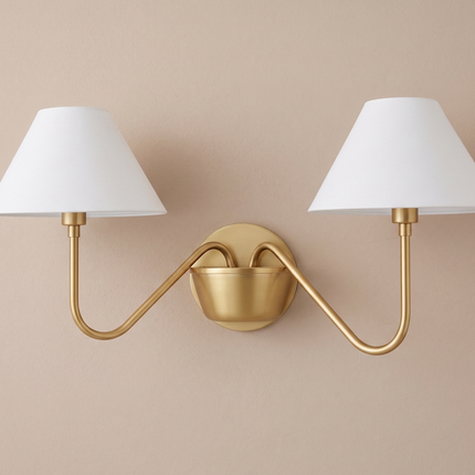 Gold Brass Double Wall Sconce, Elegant 2 Light Wall Lamp with White Shades, Luxury Bedroom Lighting for Refined Home Interiors Décor Options