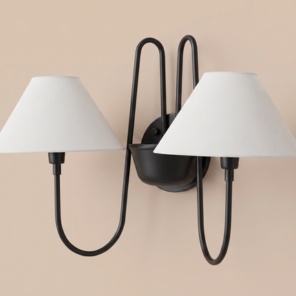 Matte Black 2 Light Wall Sconce, Modern Wall Lamp, Black Wall Light, Sculptural Sconce, White Shade Lighting, Elegant Home Decor interior