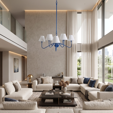 Modern Blue 8 Light Chandelier with White Fabric Shades | Contemporary Ceiling Pendant Light for Dining Room & Living Room