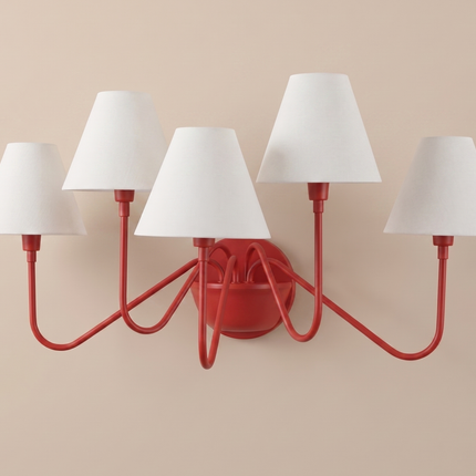 Red 5 Light Wall Sconce, Modern Colorful Wall Lamp with White Shades, Statement Wall Lighting, Contemporary Bedroom and Living Room Light