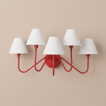 Red 5 Light Wall Sconce, Modern Colorful Wall Lamp with White Shades, Statement Wall Lighting, Contemporary Bedroom and Living Room Light