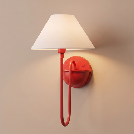 Wall Sconce in Coral Red Fabric Shade Wall Sconce, Modern Wall Light, Contemporary Bedroom Lamp, Scandinavian Wall Lighting, Minimalist Lamp