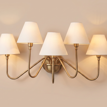 Antique Brass 5 Light Wall Sconce, Modern Wall Lamp with White Shades, Brass Wall Lighting, Mid Century Wall Light, Bedroom Home Lighting.