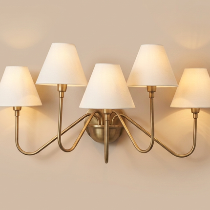 Antique Brass 5 Light Wall Sconce, Modern Wall Lamp with White Shades, Brass Wall Lighting, Mid Century Wall Light, Bedroom Home Lighting.