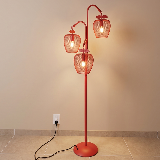 Floor Lamp Red Apple Mesh Modern 3-Light Standing with Metal Fruit Shade Lamp for Living Room, Bedroom, Reading Corner & Home Decor Lighting