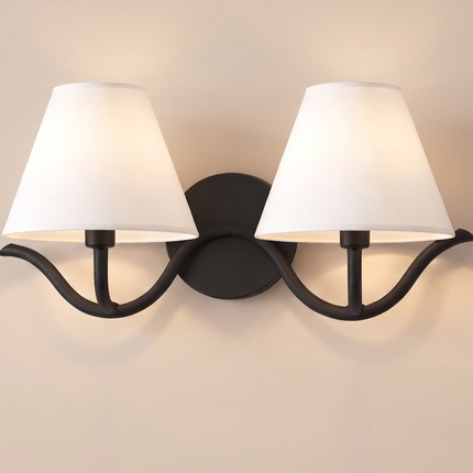 Modern 2 Light Wall Sconce Matte Black Double White Fabric Shades, Bedroom Bedside Wall Lamp, Living Room Hallway, Bathroom Vanity Fixture