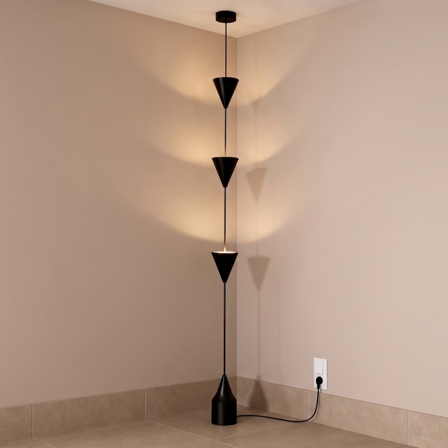 Floor Lamp Modern Matte Black Corner, Contemporary Triple Cone Standing Lamp, Scandinavian Minimalist Light for Living Room Bedroom Decor.