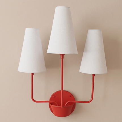 Red 3 Light Wall Sconce Triple Arm Wall Lamp, White Fabric Shade Lighting, Modern Red Wall Light, Statement Sconce, Dining Room Decor design