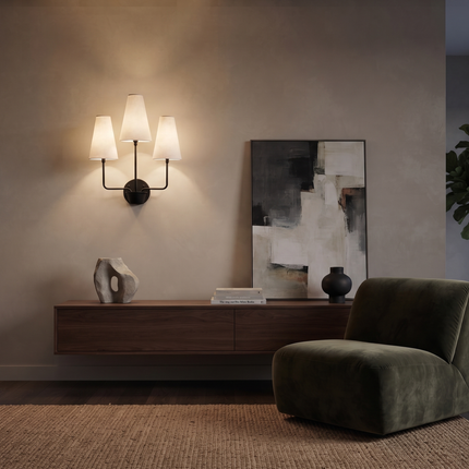Matte Black Wall Sconce 3 Light, Modern Fabric Shade Lamp, Mid Century Lighting, Bedroom Sconce, Living Room Décor, Hardwired Home Fixture.