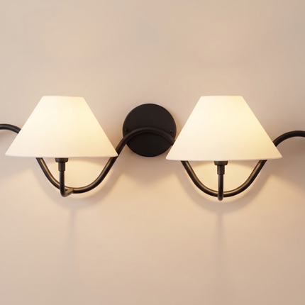 Matte Black Wall Sconce, 2 Light Wall Lamp, Modern Black Lighting Fixture, White Fabric Shade, Curved Arm Sconce, Bedroom Hallway Home Décor