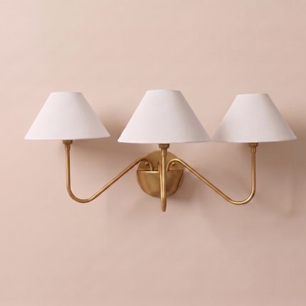 3 Light Gold Wall Sconce, Brass Wall Lamp with White Fabric Shades, Modern Vanity Lighting, Bedroom Wall Light, Dining Room Sconce, Elegant