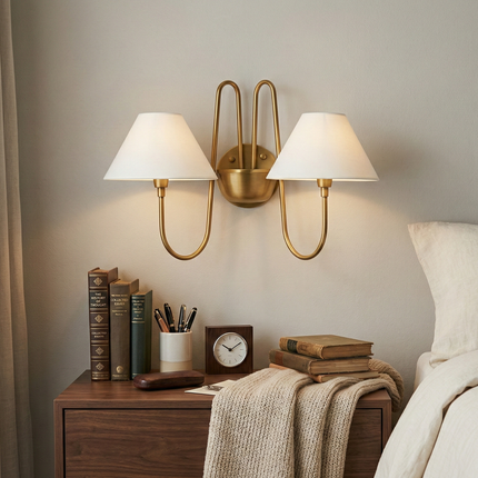 Wall Light Brushed Brass Double Arm Designer Sconce, Mid Century Modern Luxury Wall Fixture with White Linen Shades for Interiors