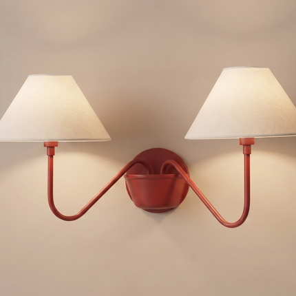 Red 2 Light Wall Sconce, Double Arm Wall Lamp with White Fabric Shades, Modern Red Wall Light, Sculptural Bedroom Lighting, Statement Decor