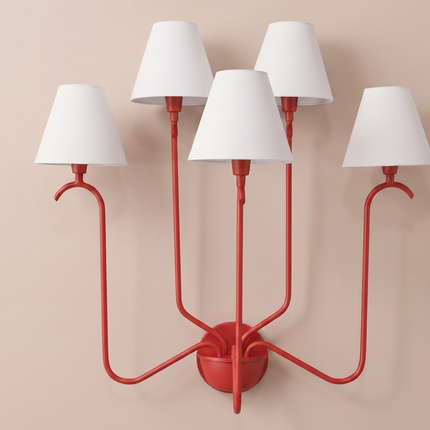 Red 5 Light Wall Sconce, Statement Multi Arm Wall Lamp with White Shades, Bold Decorative Bedroom Living Room Lighting Fixture Home Décor