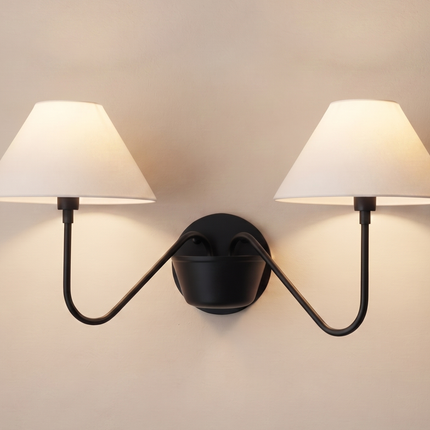 Matte Black Double Wall Sconce, Modern 2 Light Bedroom Wall Lamp with White Shades, Contemporary Bedside Lighting for Stylish Home Décor Art