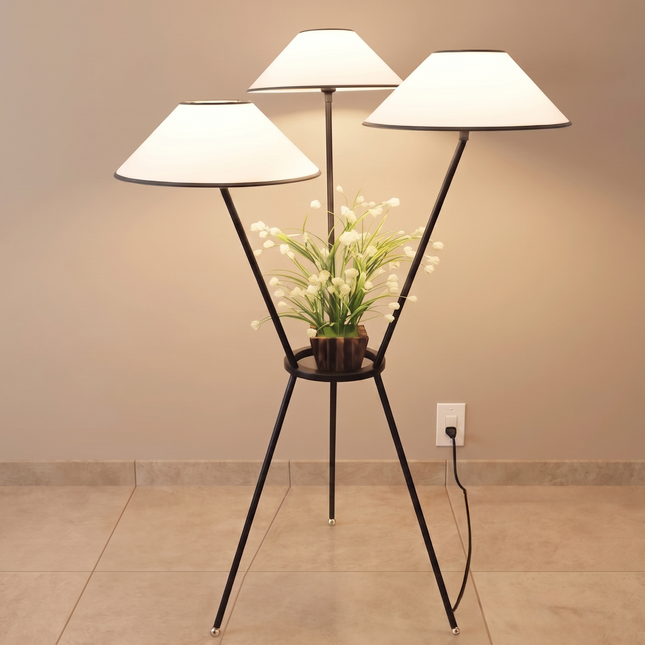 Floor Lamp Tripod with Built-In Plant Stand, Modern Botanical Light, Matte Black Metal Standing Lamp for Room, Sunroom Reading Corner Decor.
