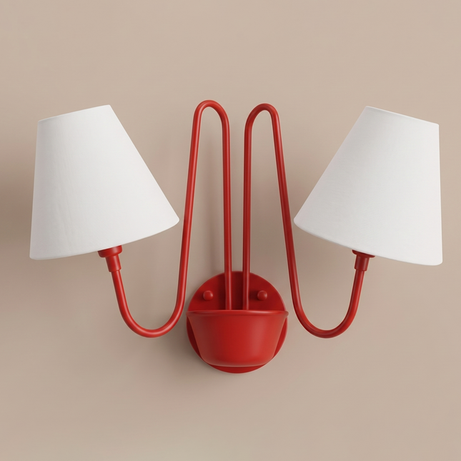 Red Double Wall Sconce, 2 Light Wall Lamp with White Fabric Shades, Modern Red Wall Light, Bedroom Sconce, Living Room Lighting,Art DecoLamp