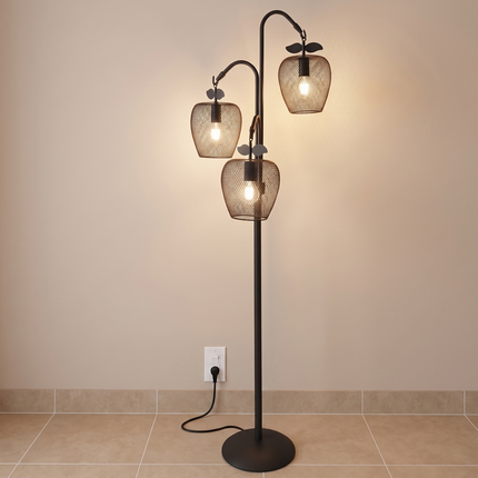 Floor Lamp in Matte Black with 3 Lights, Decorative Metal Fruit Shade Standing Lamp for Living Room, Bedroom, Entryway & Office Decoration