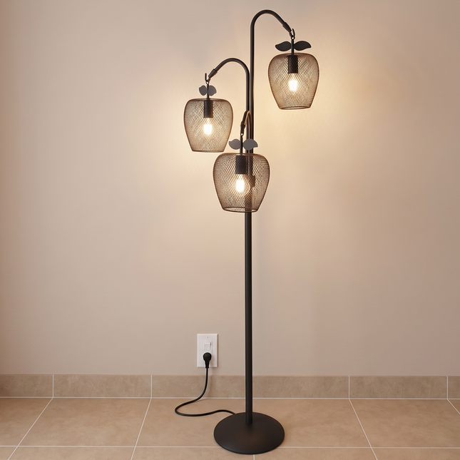 Floor Lamp in Matte Black with 3 Lights, Decorative Metal Fruit Shade Standing Lamp for Living Room, Bedroom, Entryway & Office Decoration