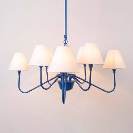 Modern Blue 8 Light Chandelier with White Fabric Shades | Contemporary Ceiling Pendant Light for Dining Room & Living Room